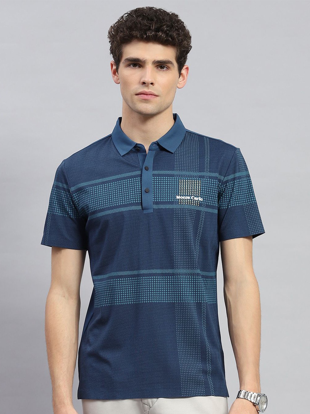 

Monte Carlo Geometric Printed Polo Collar Cotton Casual T-shirt, Teal