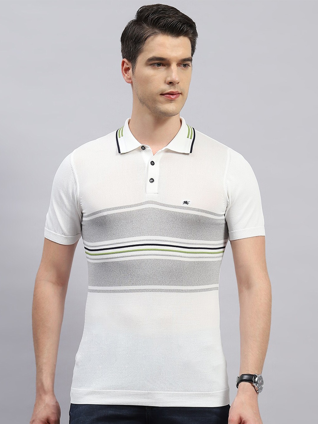 

Monte Carlo Striped Polo Collar Short Sleeves T-shirt, White