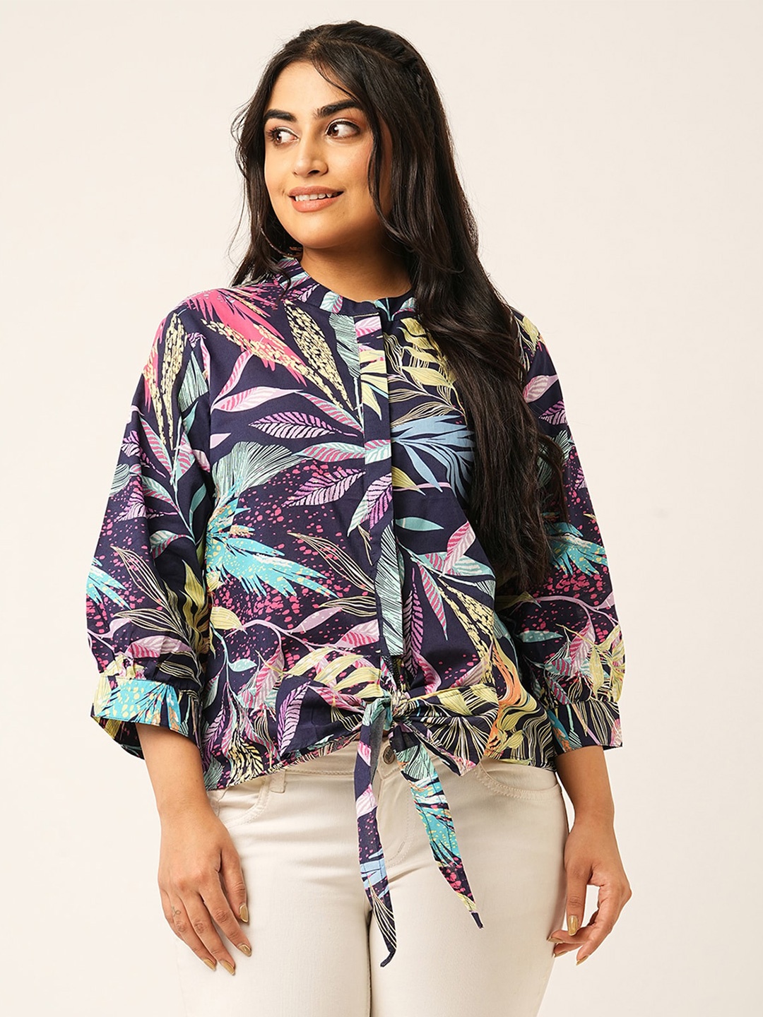 

ODETTE Tropical Print Mandarin Collar Cuffed Sleeves Tie-Ups Cotton Shirt Style Top, Navy blue