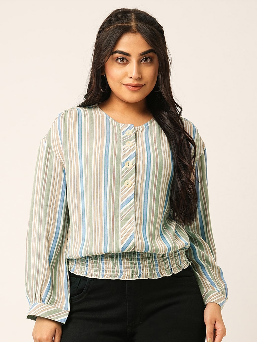 

ODETTE Striped Cuffed Sleeves Cotton Blouson Top, Olive