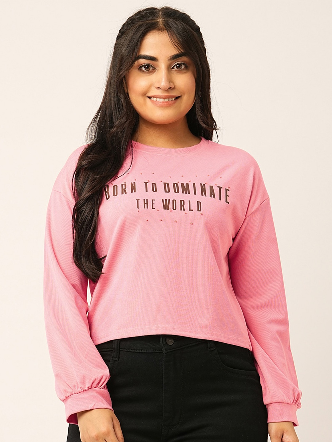 

ODETTE Typography Print Round Neck Cotton Top, Pink