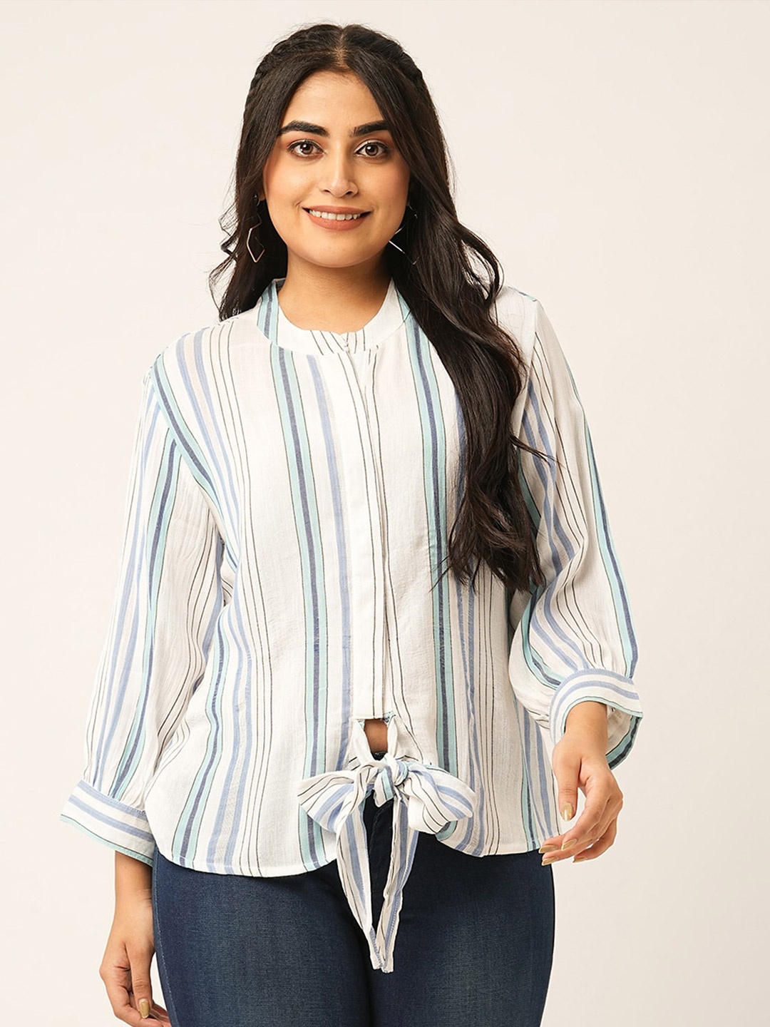 

ODETTE Striped Mandarin Collar Cuffed Sleeves Cotton Tie-Ups Shirt Style Top, White