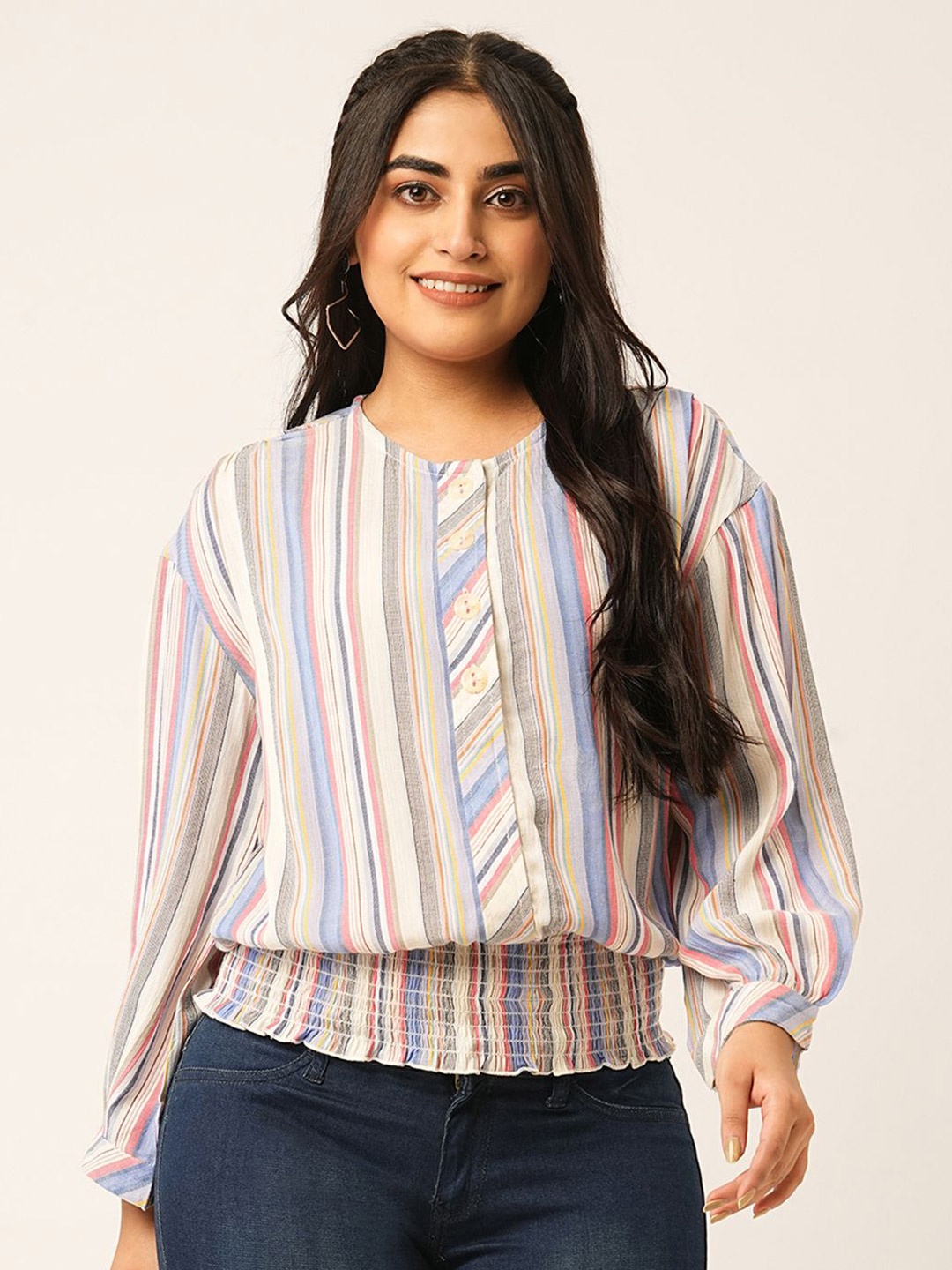 

ODETTE Striped Cuffed Sleeves Cotton Blouson Top, White