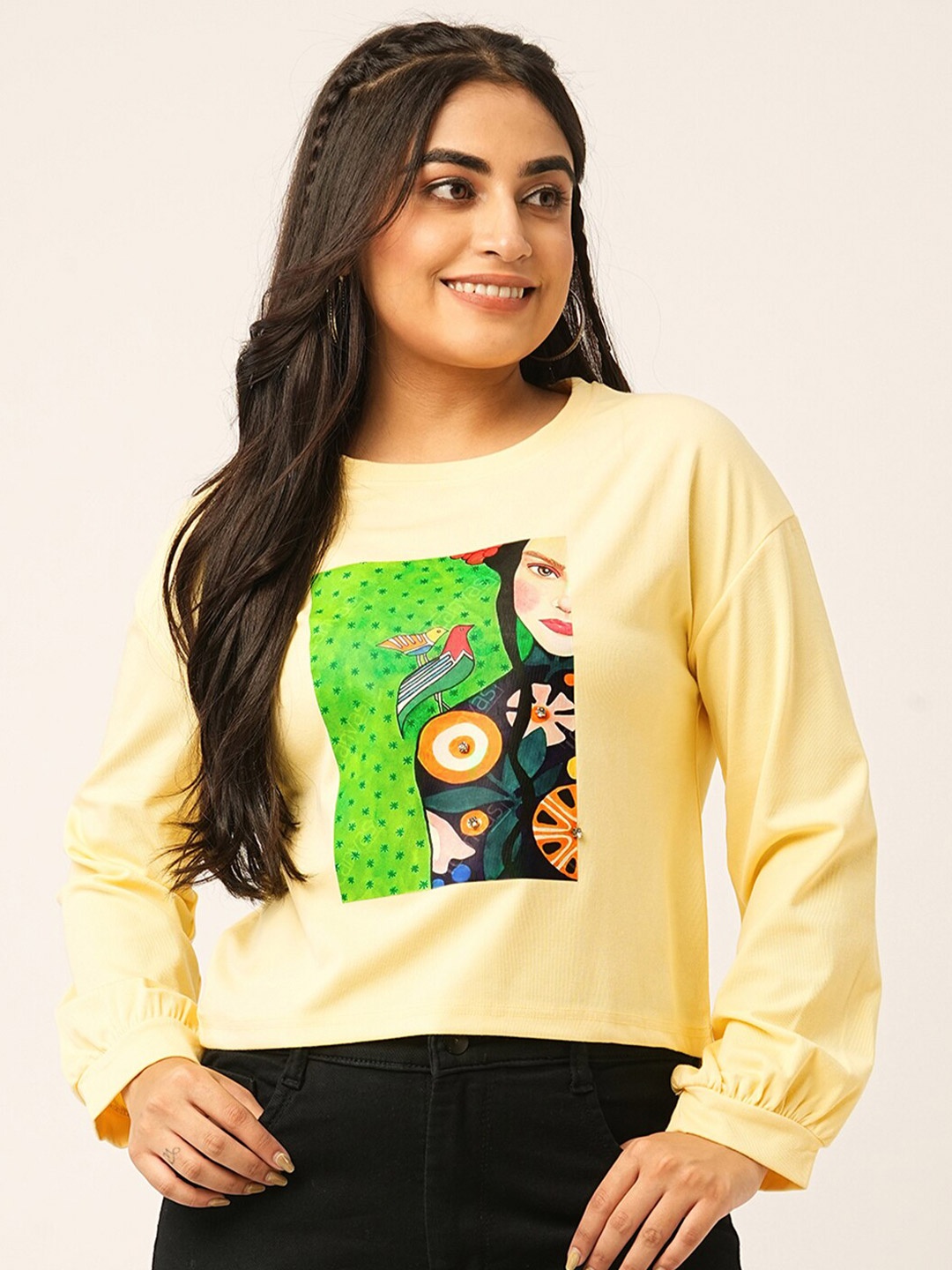 

ODETTE Graphic Print Drop Shoulder Sleeves Top, Yellow