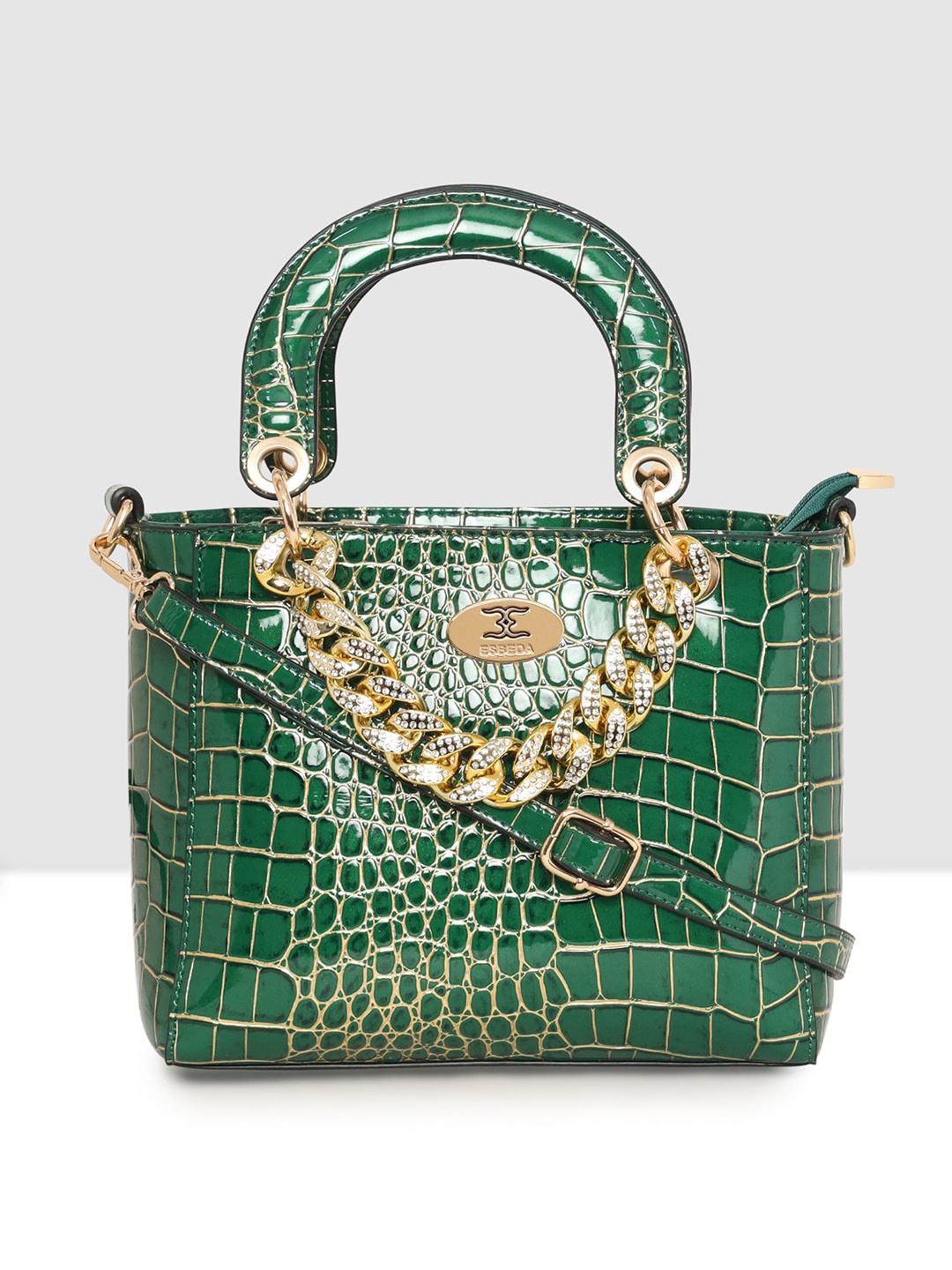 

ESBEDA Croco Embossed Embellished Structured Handheld Bag, Green