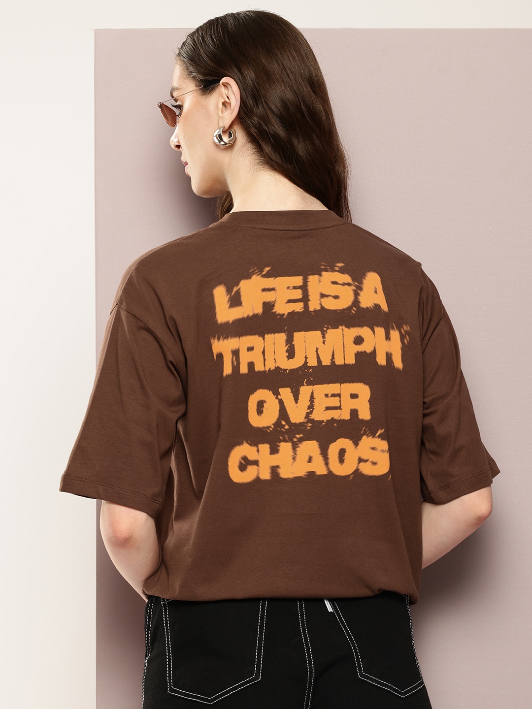 

Kook N Keech Women Typography Printed Pure Cotton Oversized T-shirt, Brown