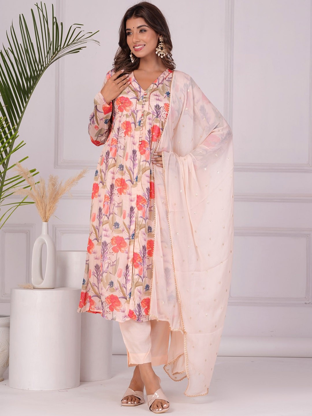 

KALINI Floral Printed Regular Beads and Stones Kurta with Trousers & With Dupatta, White