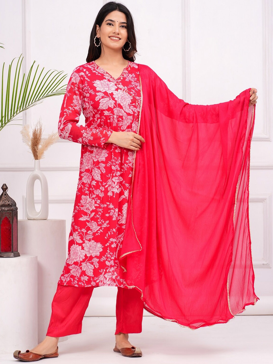

KALINI Floral Printed Beads and Stones Kurta With Trouser & Dupatta, Pink