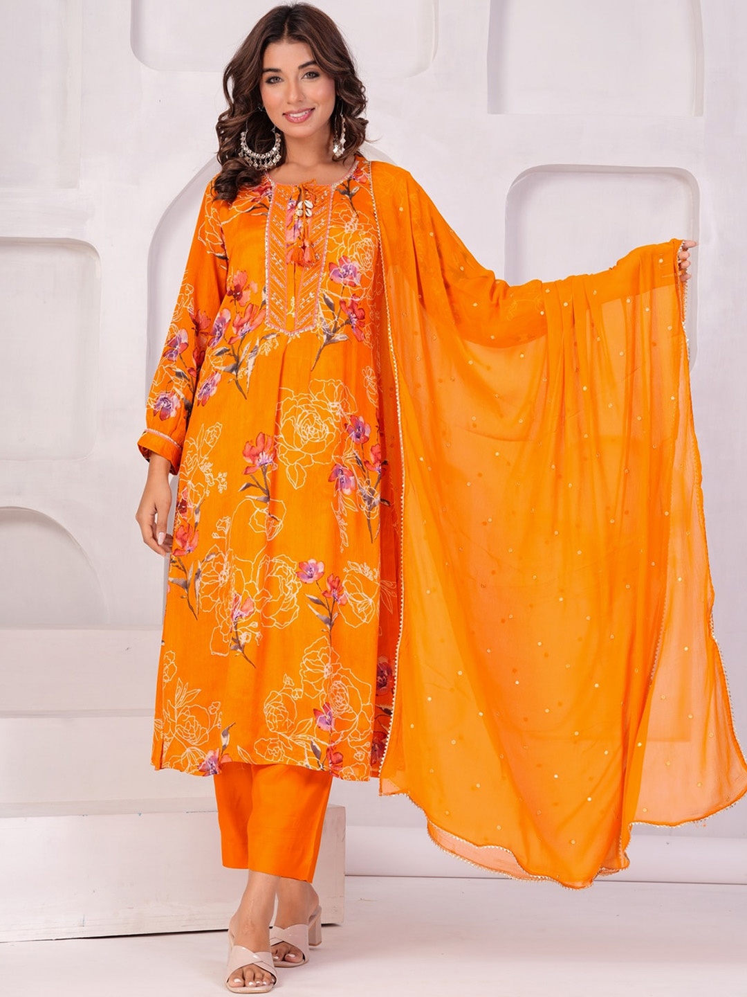 

KALINI Floral Printed Regular Beads And Stones Kurta With Trouser & Dupatta, Yellow