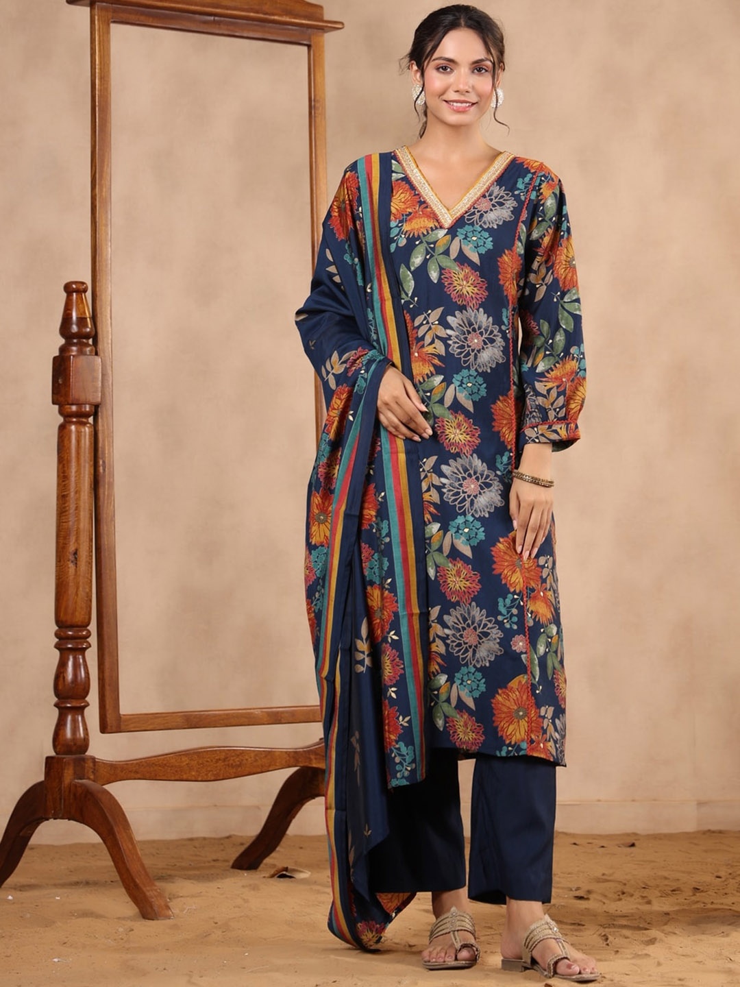 

KALINI Floral Printed Regular Beads and Stones V Neck Kurta With Trouser & Dupatta, Blue