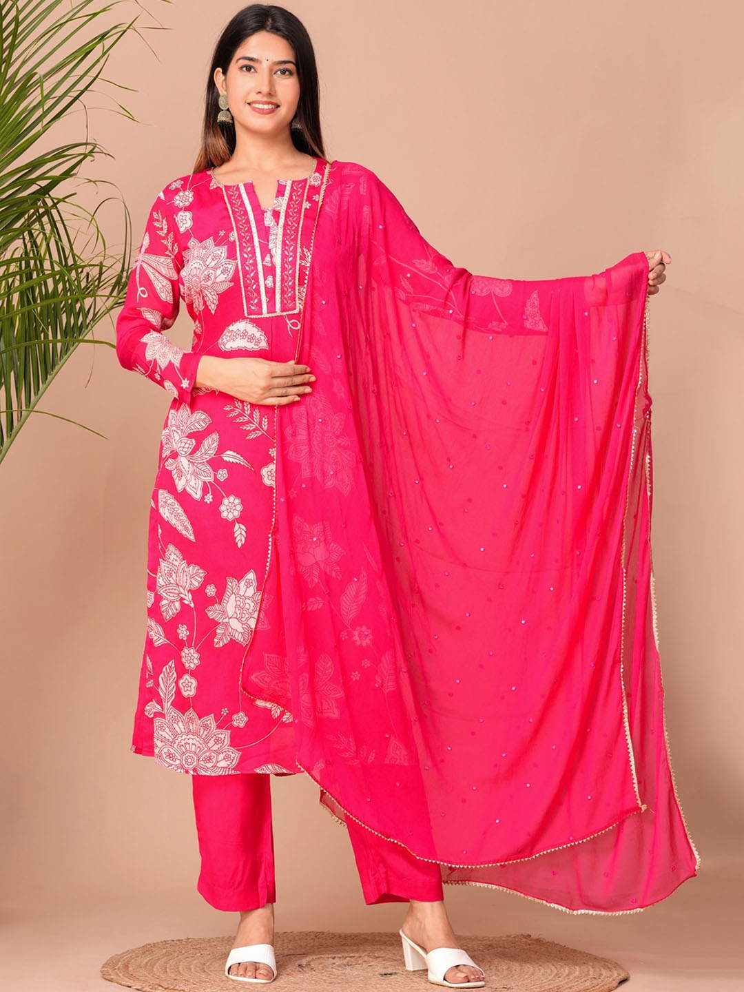 

KALINI Floral Printed Regular Beads And Stones Kurta With Trouser & Dupatta, Pink