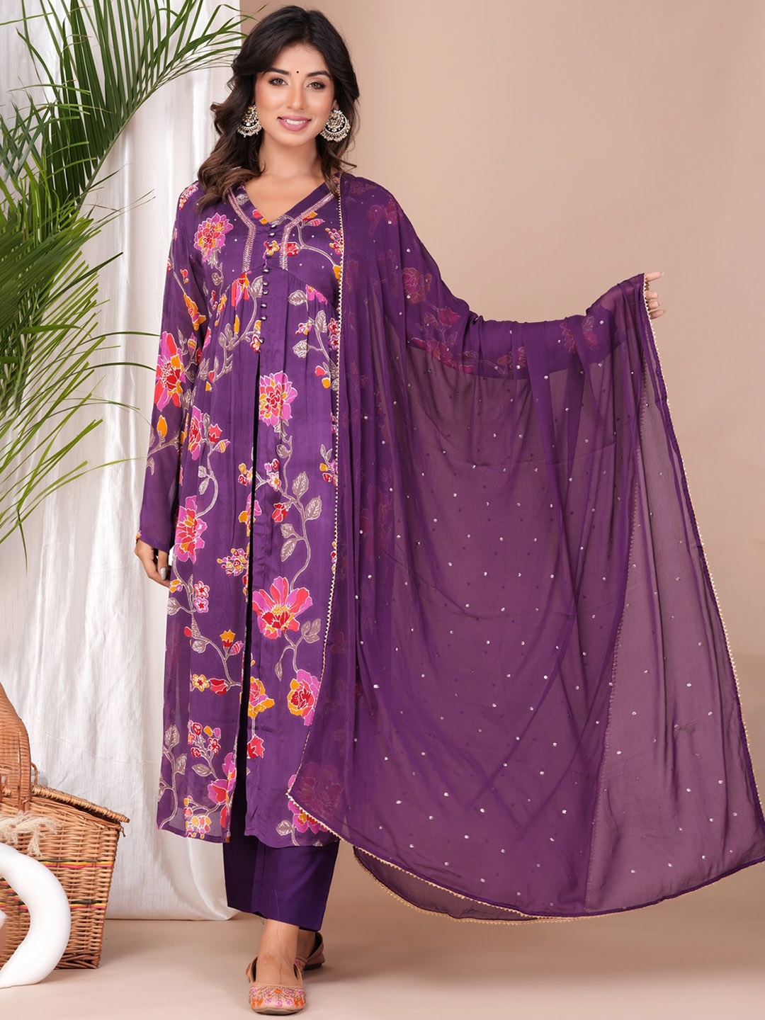 

KALINI Floral Printed Regular Beads And Stones Kurta With Trouser & Dupatta, Purple