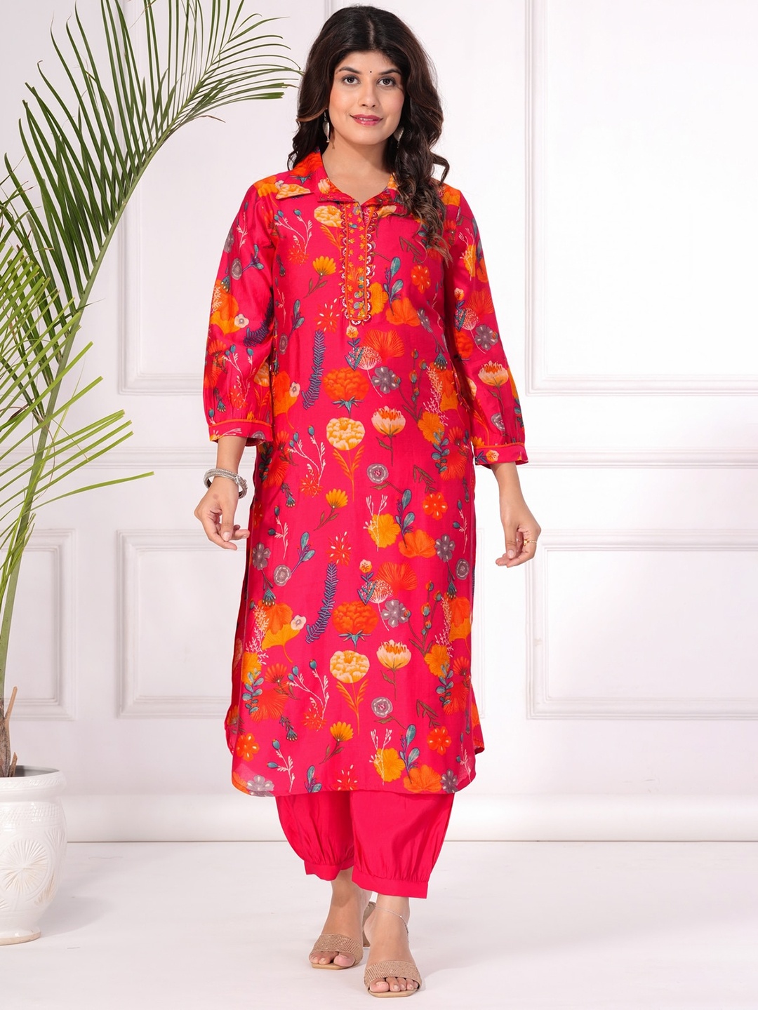 

KALINI Floral Printed Regular Beads and Stones Kurta With Salwar, Pink