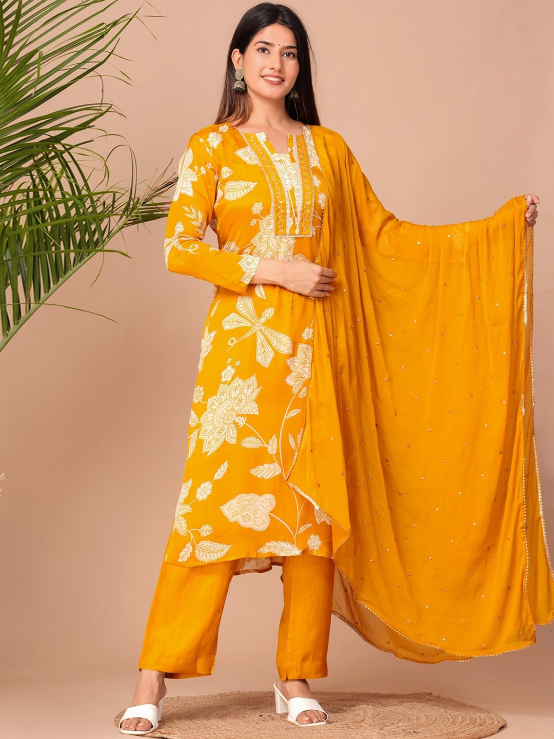 

KALINI Floral Printed Regular Beads and Stones Kurta with Trousers, Yellow