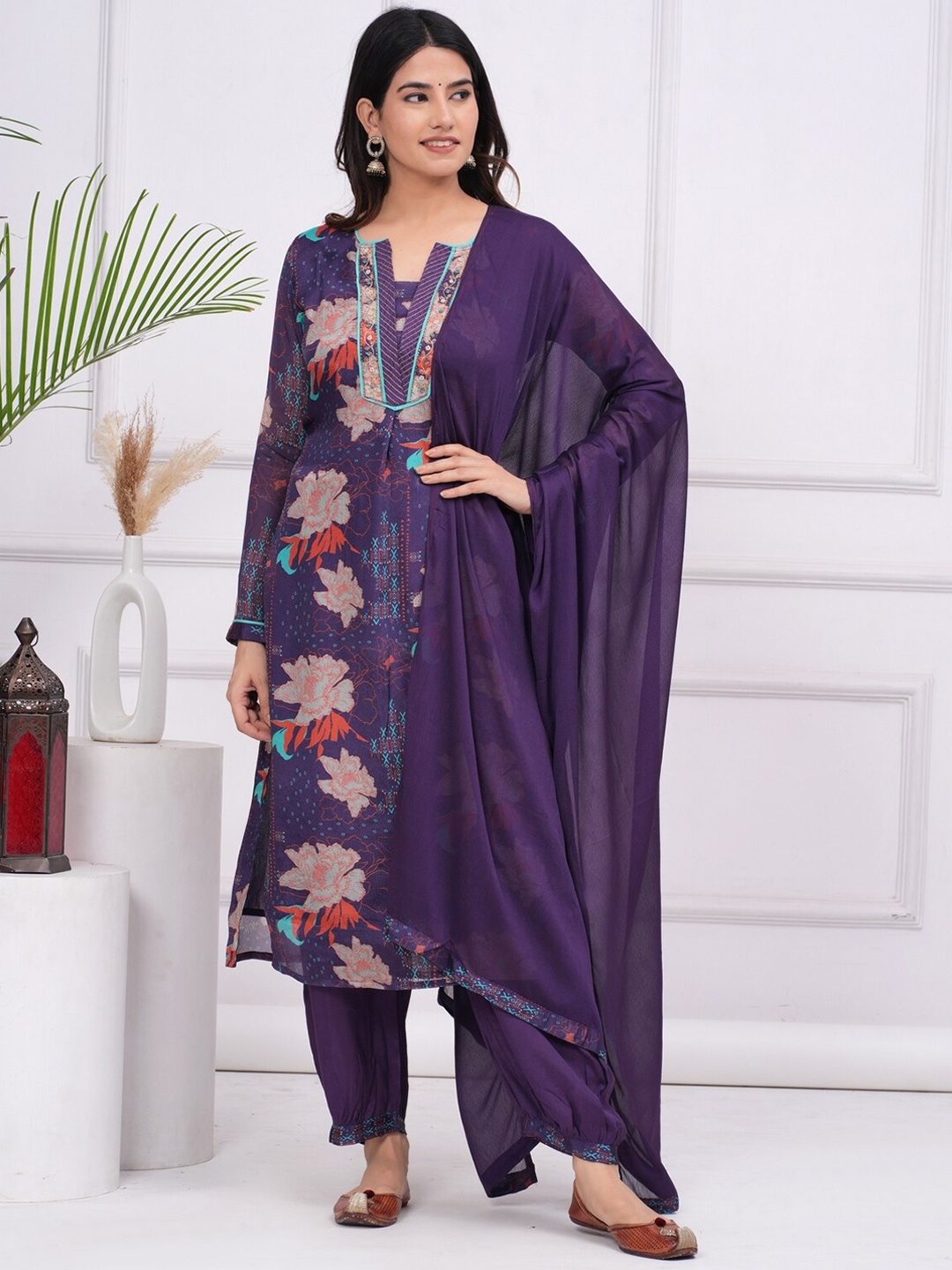 

KALINI Floral Printed Regular Beads And Stones Straight Kurta With Salwar & Dupatta, Blue