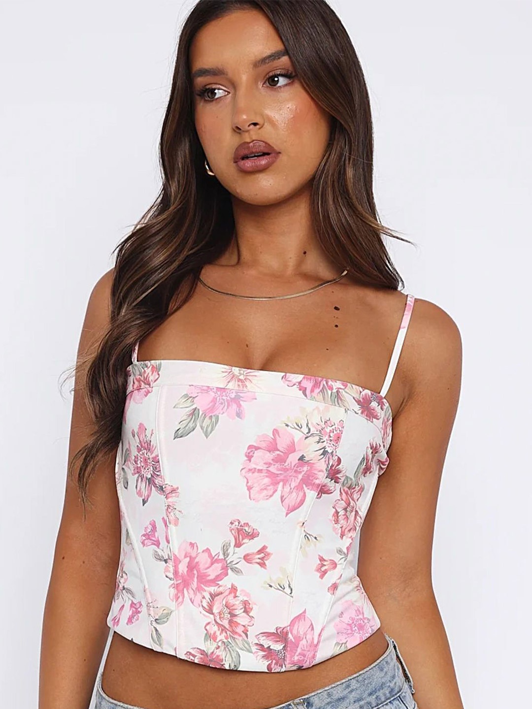 

LULU & SKY Floral Print Shoulder Straps Corset Crop Top, Pink