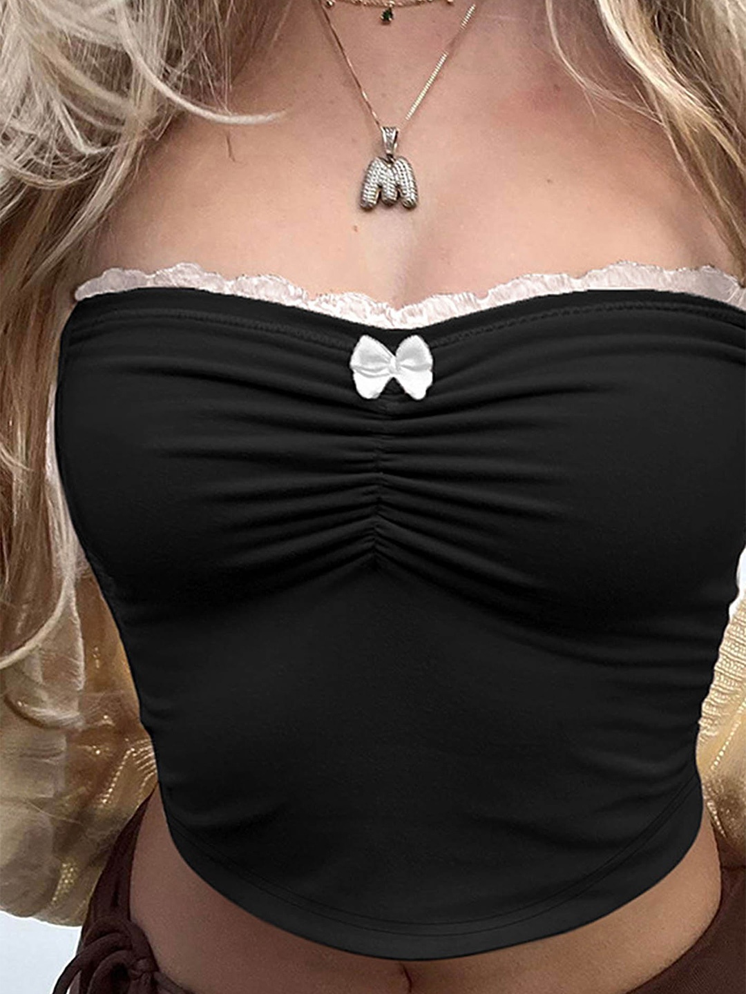 

LULU & SKY Strapless Gathered Bardot Top, Black