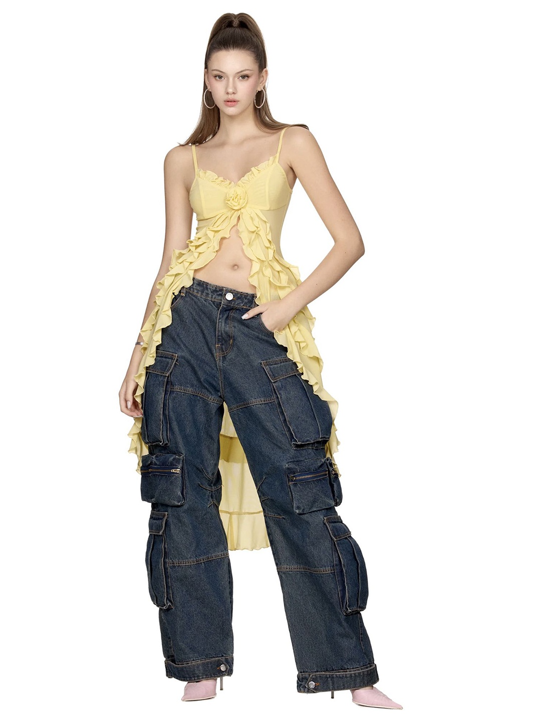 

LULU & SKY Self Design Shoulder Straps Longline Top, Yellow