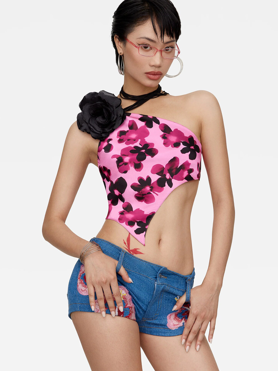 

LULU & SKY Floral Print One Shoulder Styled Back Crop Top, Pink