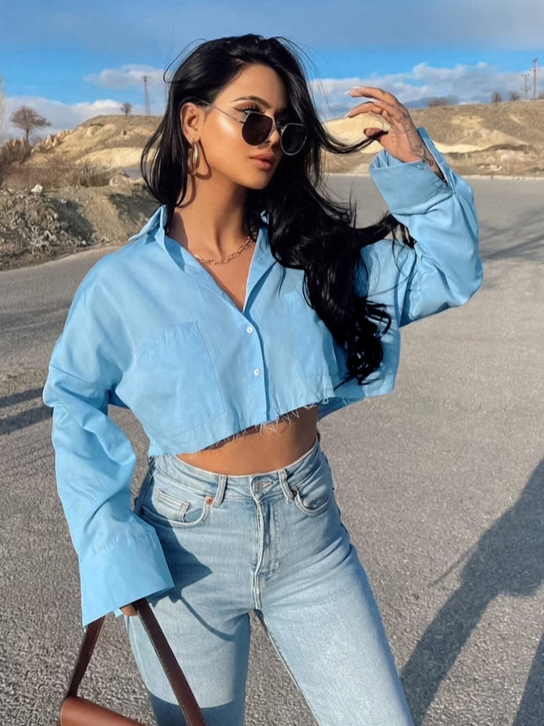 

LULU & SKY Shirt Style Crop Top, Blue