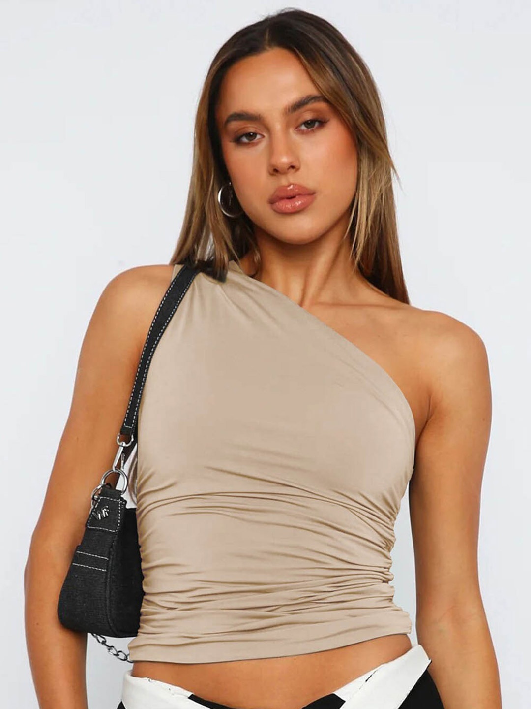 

LULU & SKY One Shoulder Fitted Crop Top, Beige