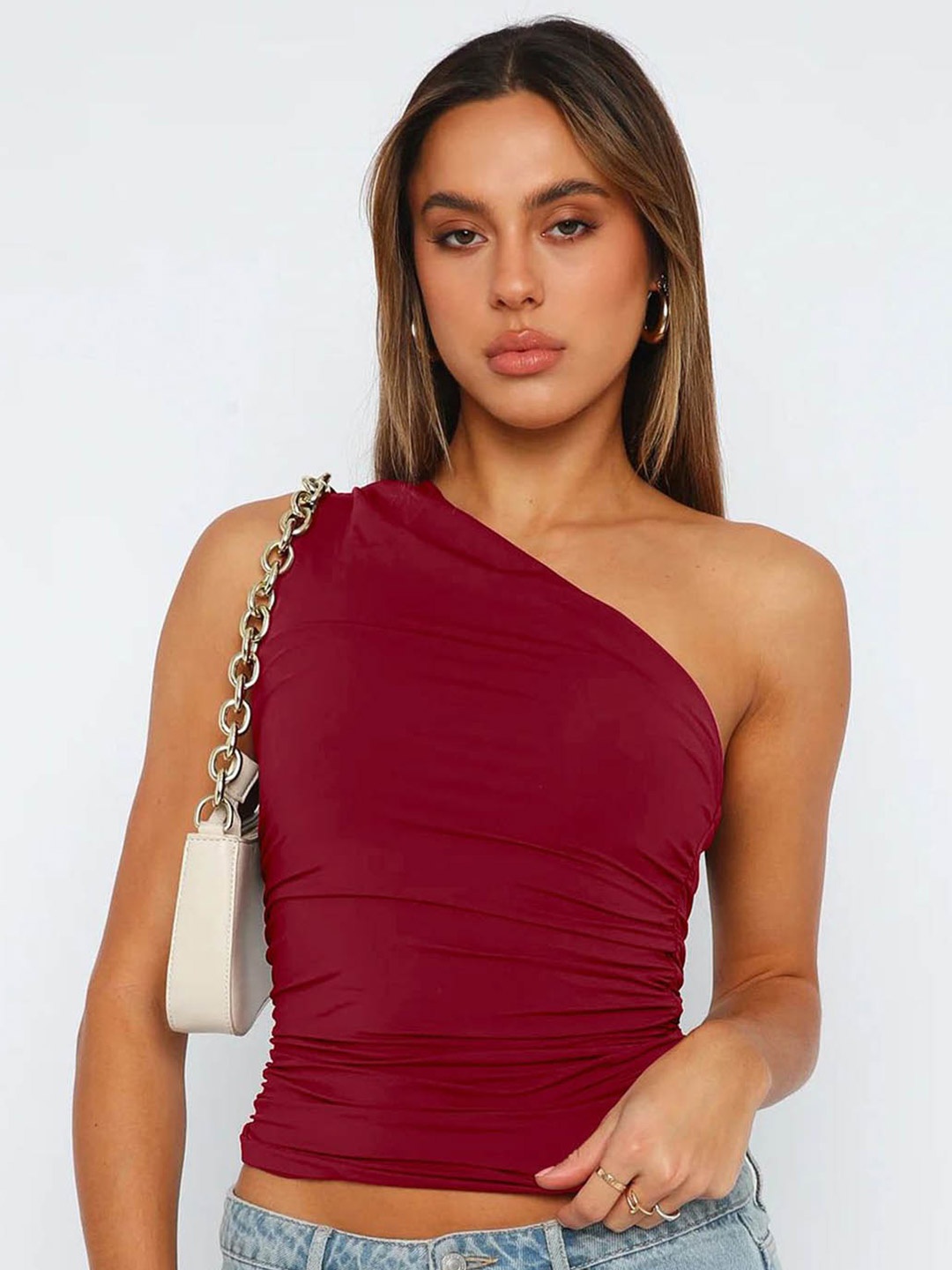 

LULU & SKY One Shoulder Sleeveless Fitted Crop Top, Burgundy