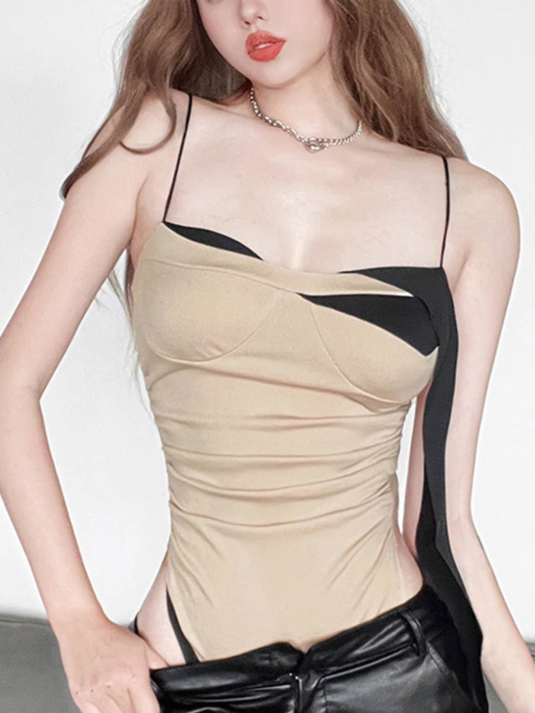 

LULU & SKY Colourblocked Shoulder Straps Bodysuit, Khaki