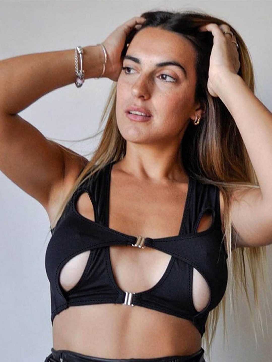 

LULU & SKY Shoulder Straps Fitted Crop Top With Cut Out Detail, Black
