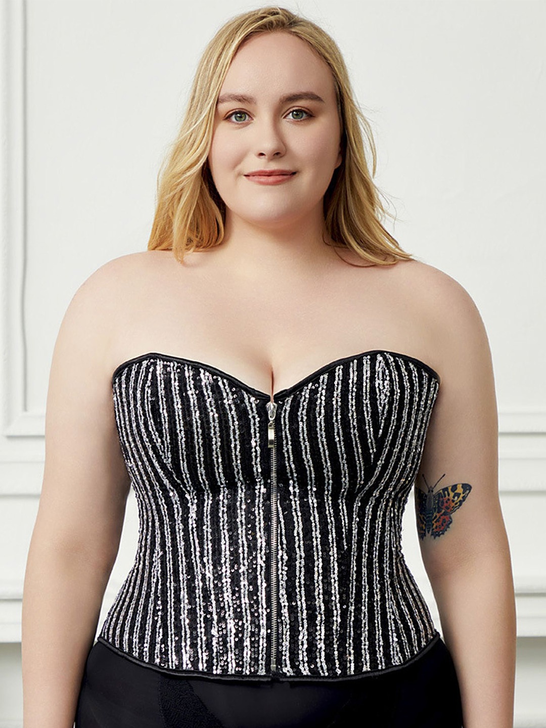 

LULU & SKY Plus Size Embellished Strapless Sequinned Corset Top, Black