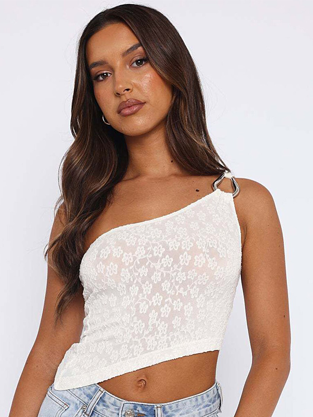 

LULU & SKY Self Design One Shoulder Crop Top, White