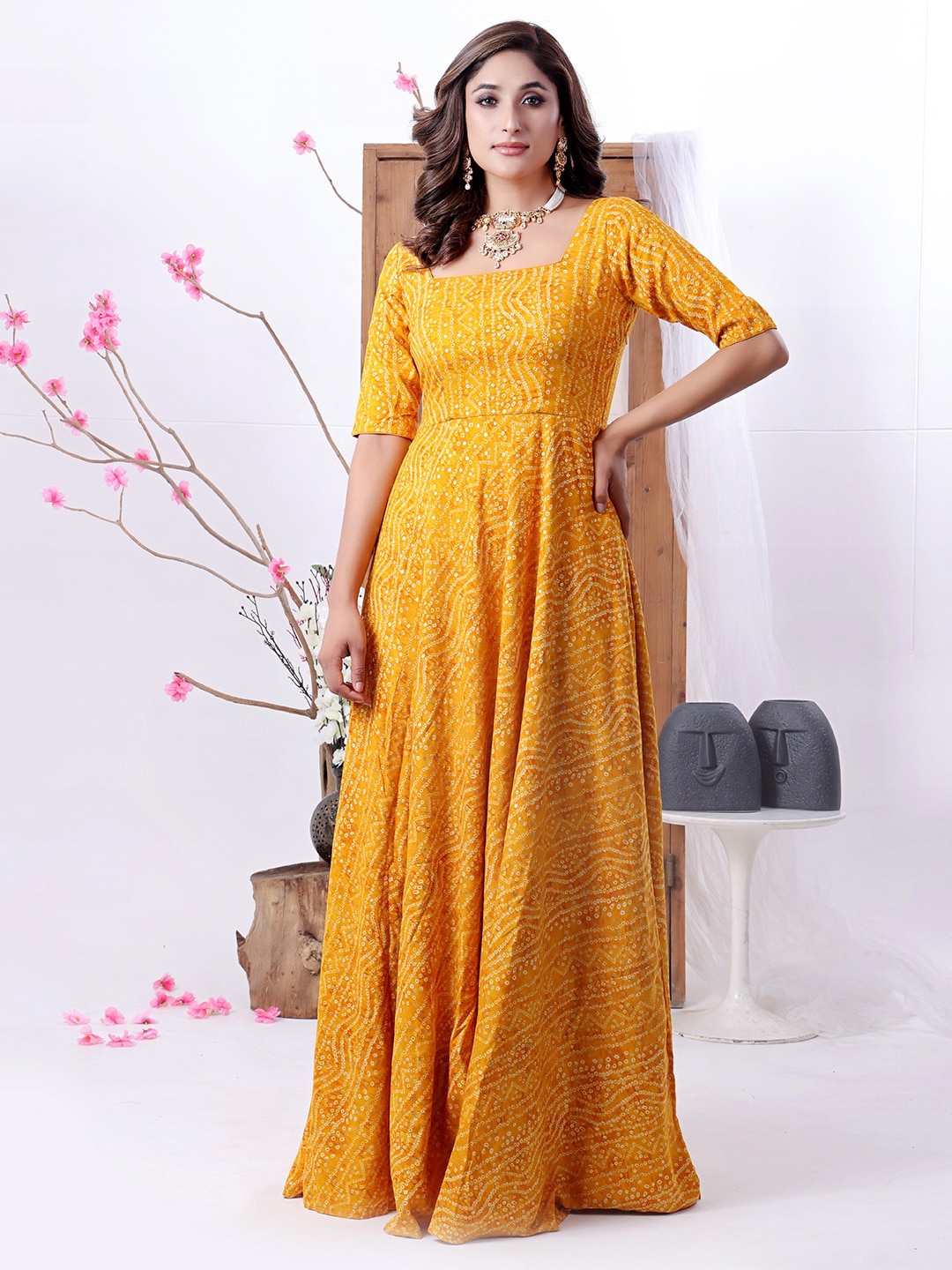 

Ethnovog Bandhani Printed Maxi Dress, Yellow