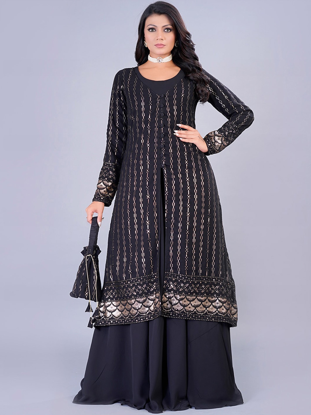 

Ethnovog Embellished Printed Maxi Dress With Jacket, Black