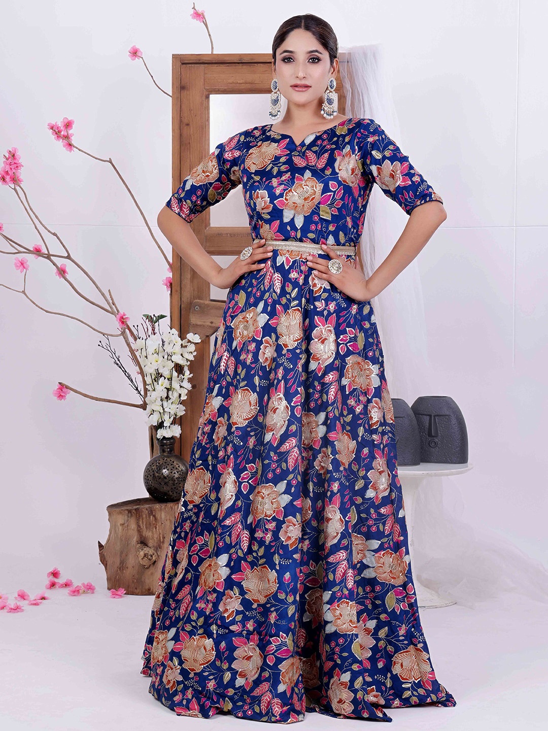 

Ethnovog Floral Printed Crepe Maxi Dress, Blue