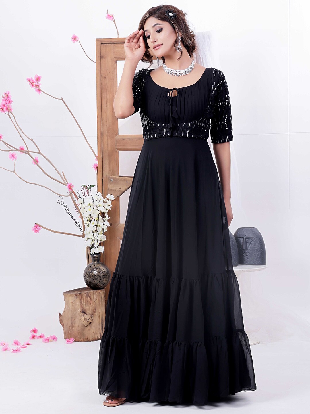 

Ethnovog Embellished Maxi Dress, Black
