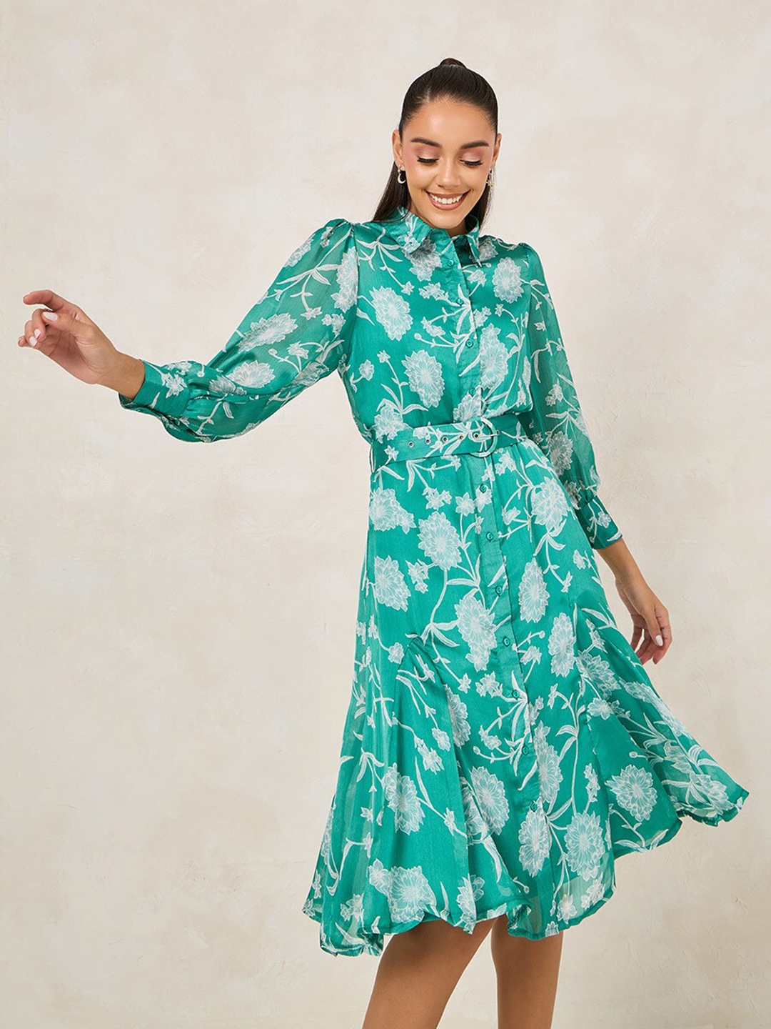 

Styli Women Green Floral Print Shirt Dress with Belt