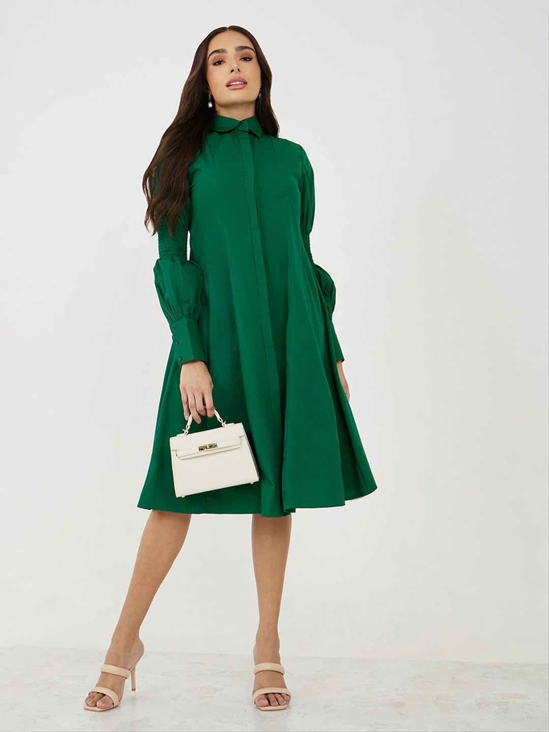 

Styli Women Solid Shirt Midi Dress with Long Sleeve, Green