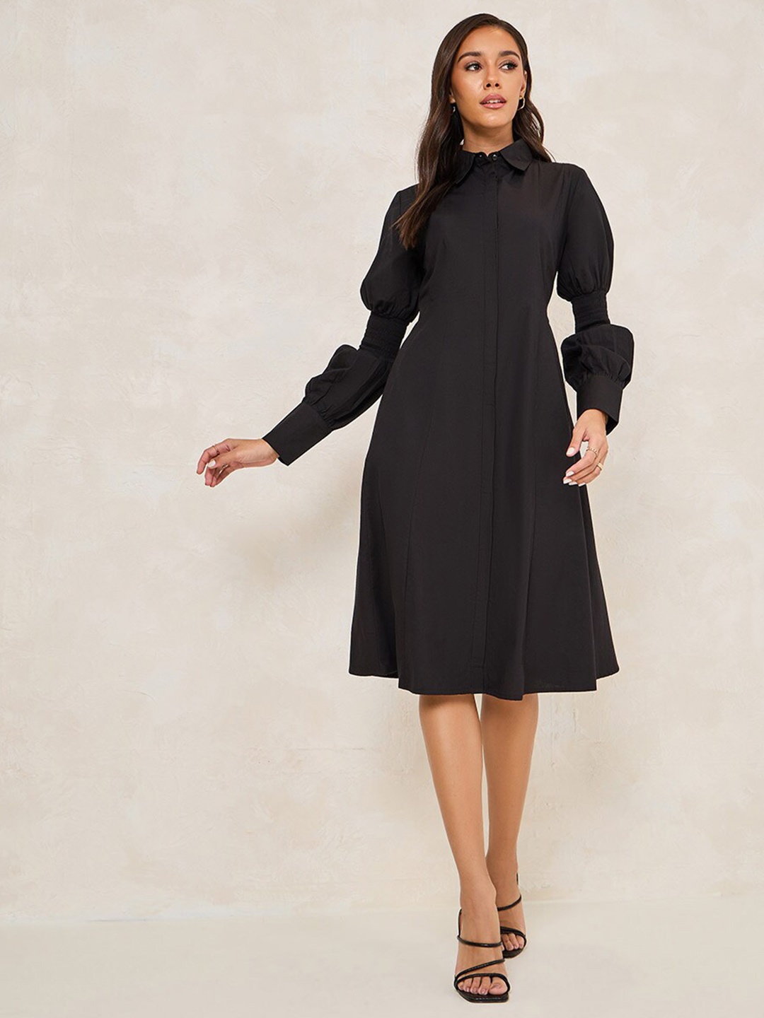 

Styli Cuffed Sleeves Shirt Collar Midi Dress, Black