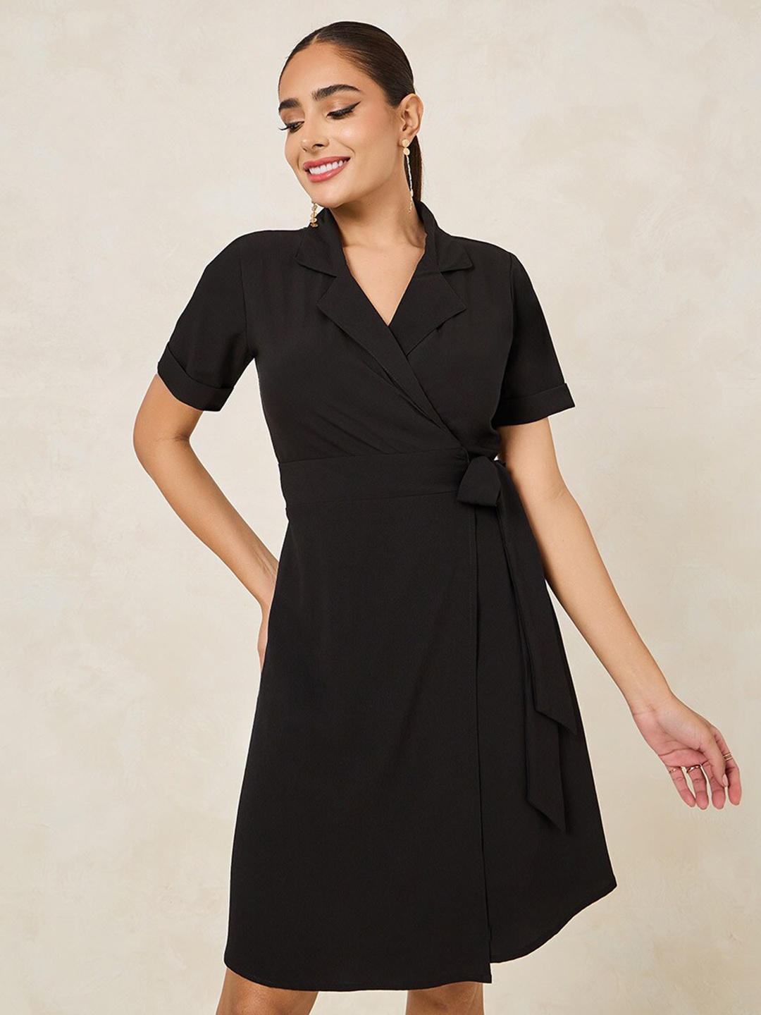 

Styli Black Shirt Collar Short Sleeves Wrap Dress