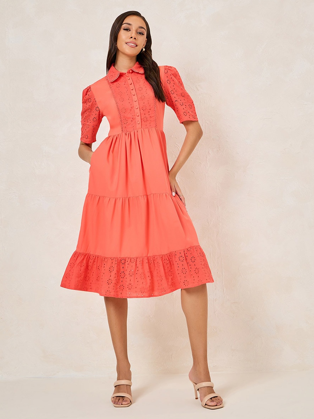 

Styli Self Design Schiffli Shirt Collar Fit & Flare Midi Dress, Orange