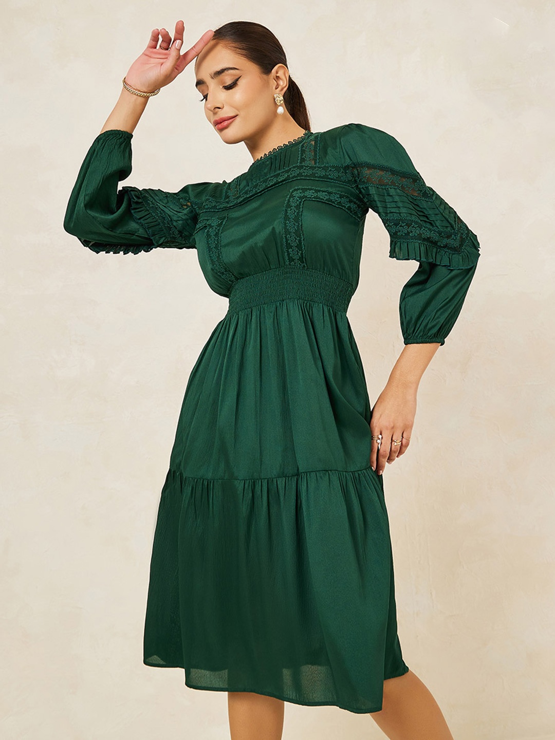 

Styli Puff Sleeve Round Neck Fit & Flare Dress, Green