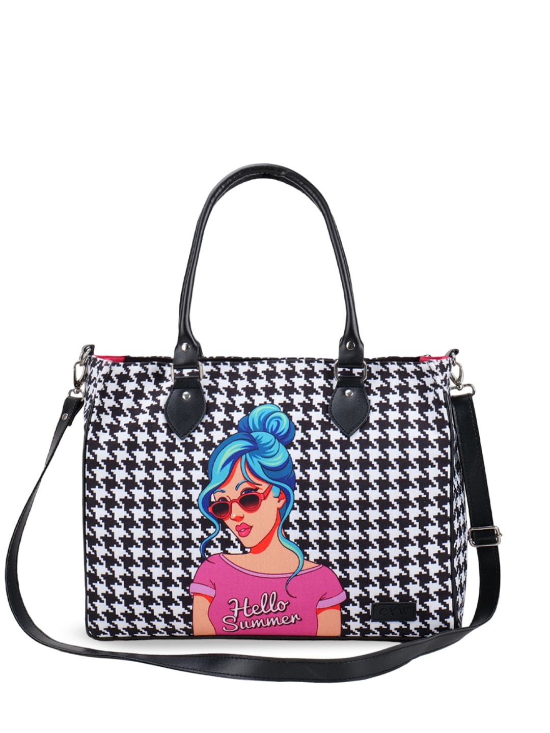 CYW Geometric Printed Zip Detail Shoulder Bag, Black