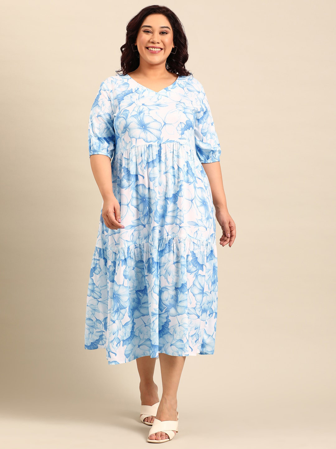 

The Pink Moon Floral Dyed Fit and Flare Midi Plus Size Dress, White