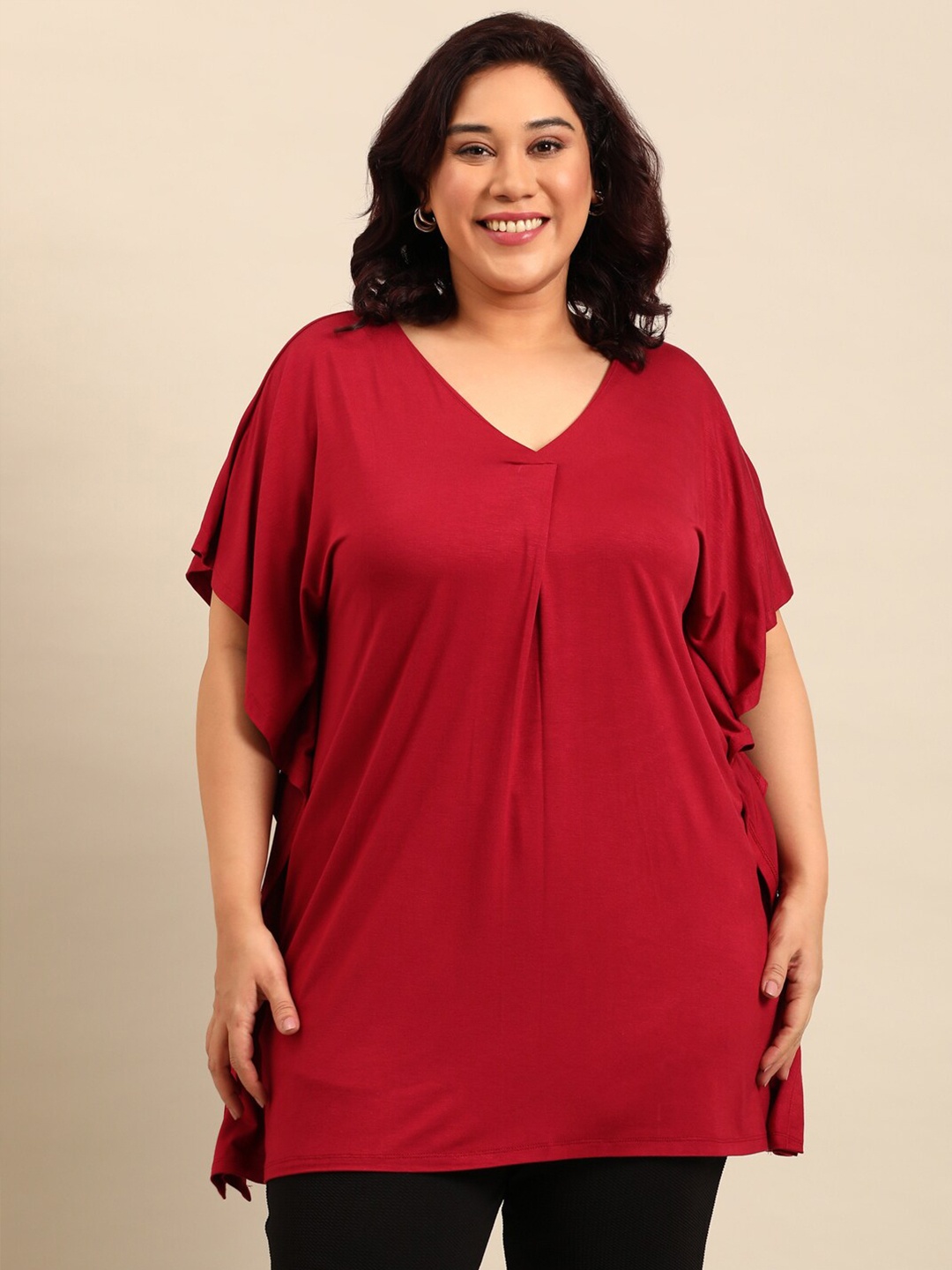 

The Pink Moon Plus Size V-Neck Flared Sleeves Gathered Tunic, Maroon