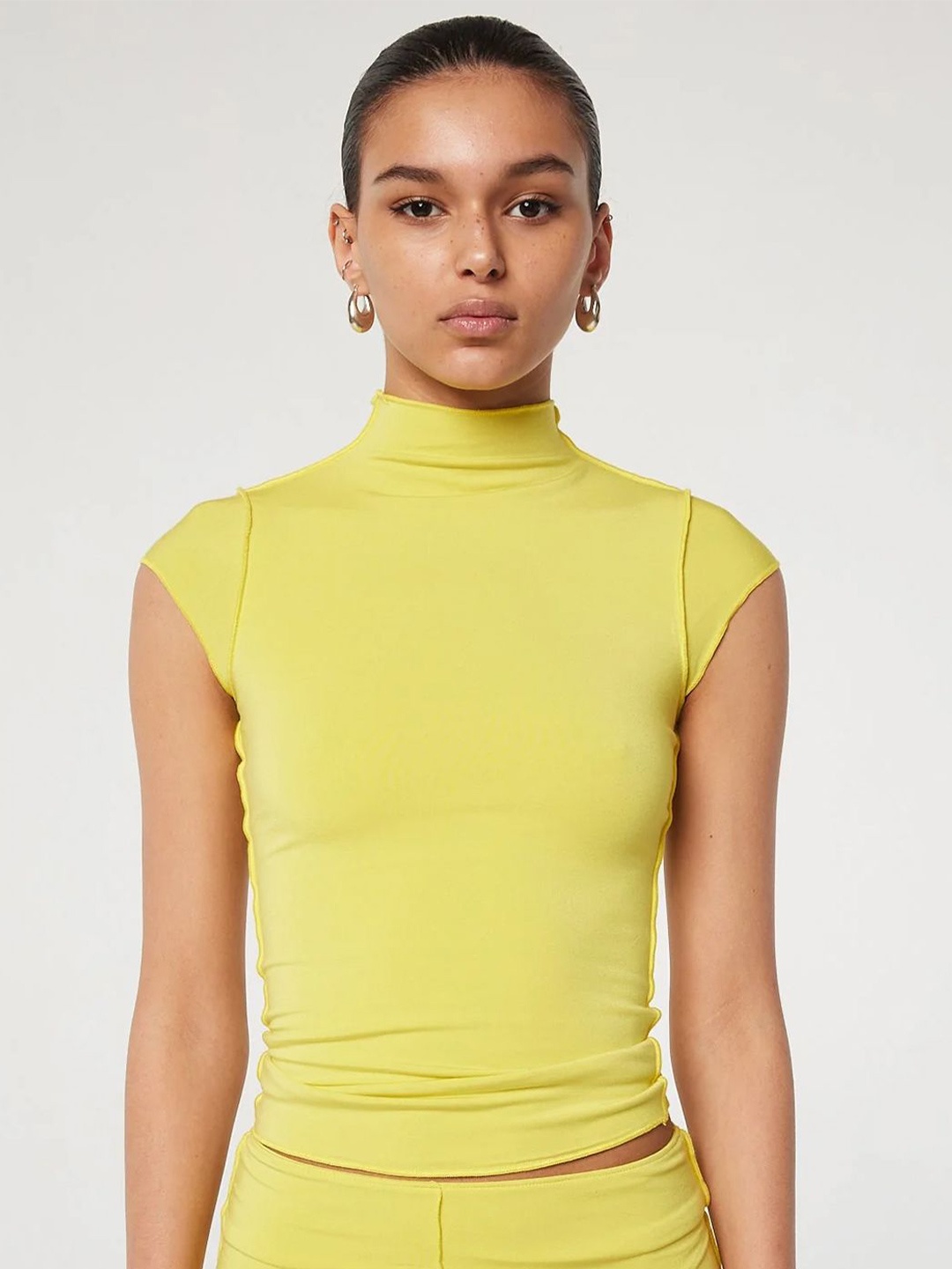 

LULU & SKY High Neck Cap Sleeves Fitted Crop Top, Yellow