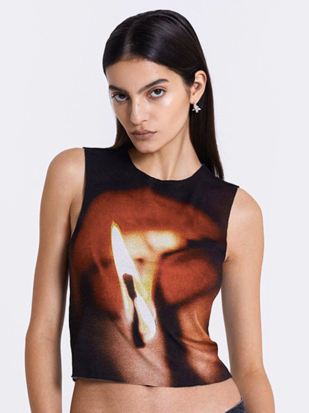 

LULU & SKY Graphic Printed Sleeveless Fitted Crop Top, Black