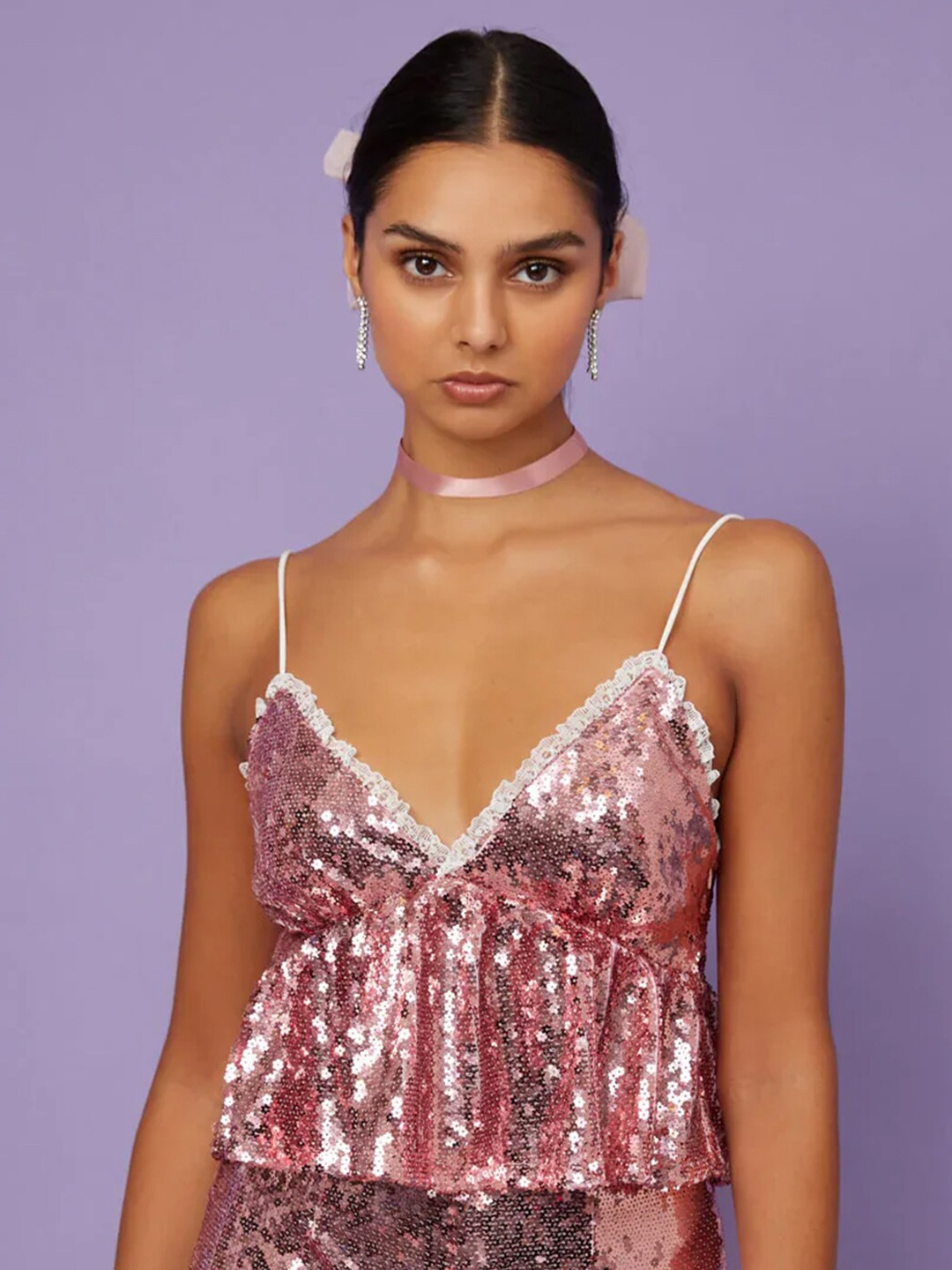 

LULU & SKY Embellished Shoulder Straps Sequinned Peplum Top, Pink