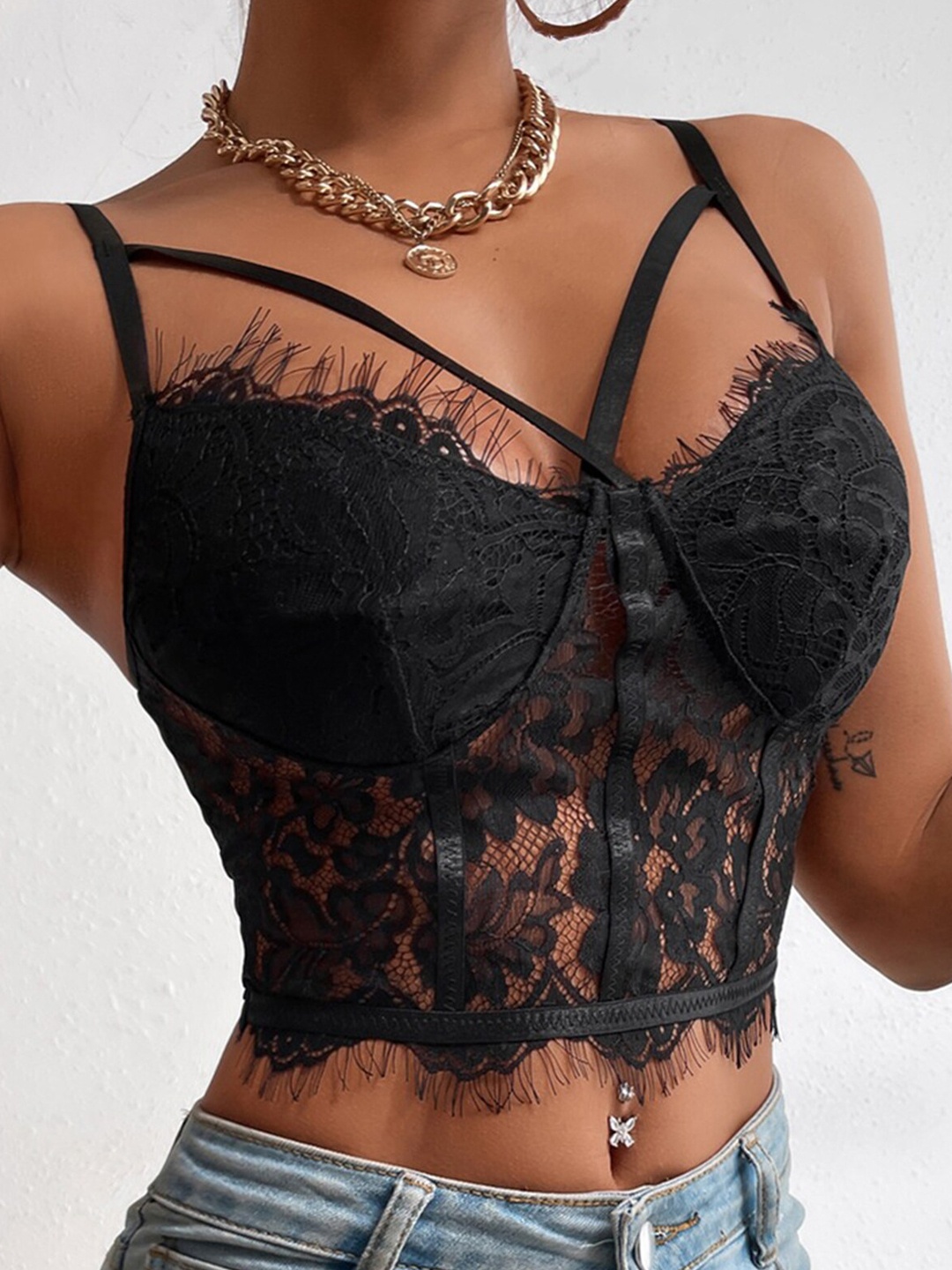 

LULU & SKY Shoulder Straps Self Design Styled Back Crop Top, Black