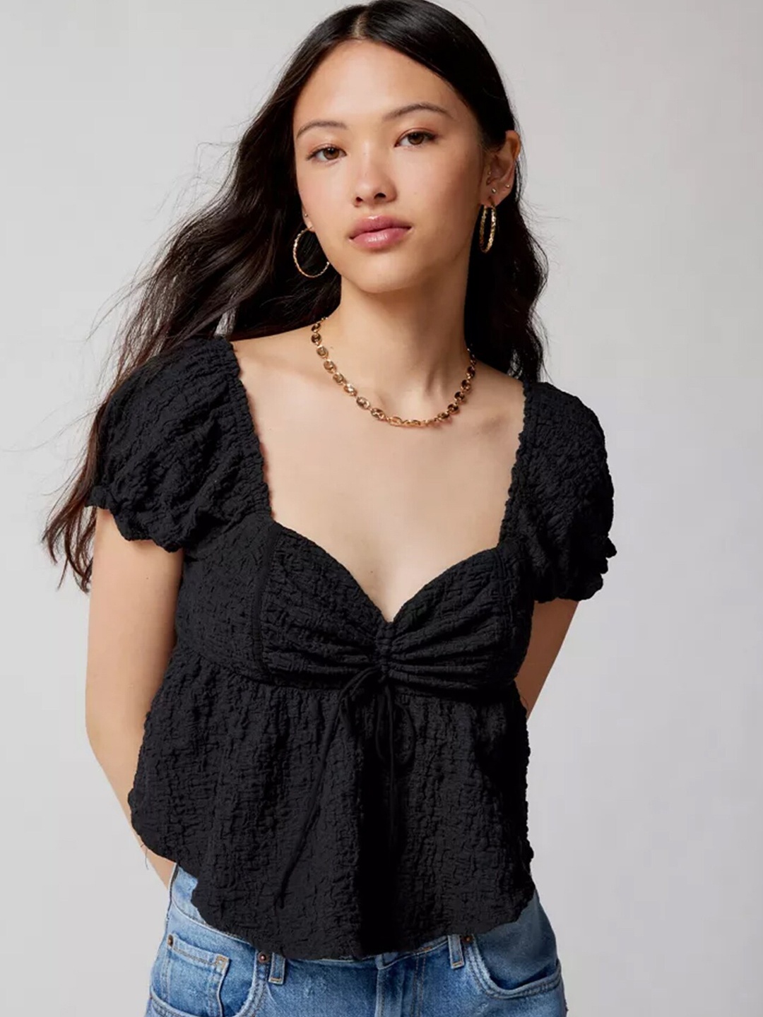 

LULU & SKY Self Design Sweetheart Neck Peplum Top, Black