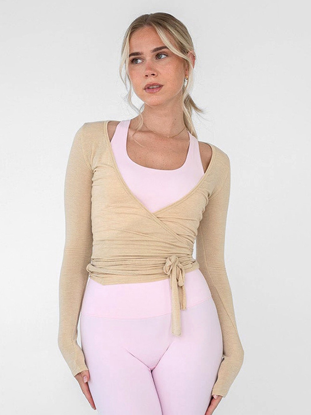 

LULU & SKY V-Neck Long Sleeves Wrap Top, Beige