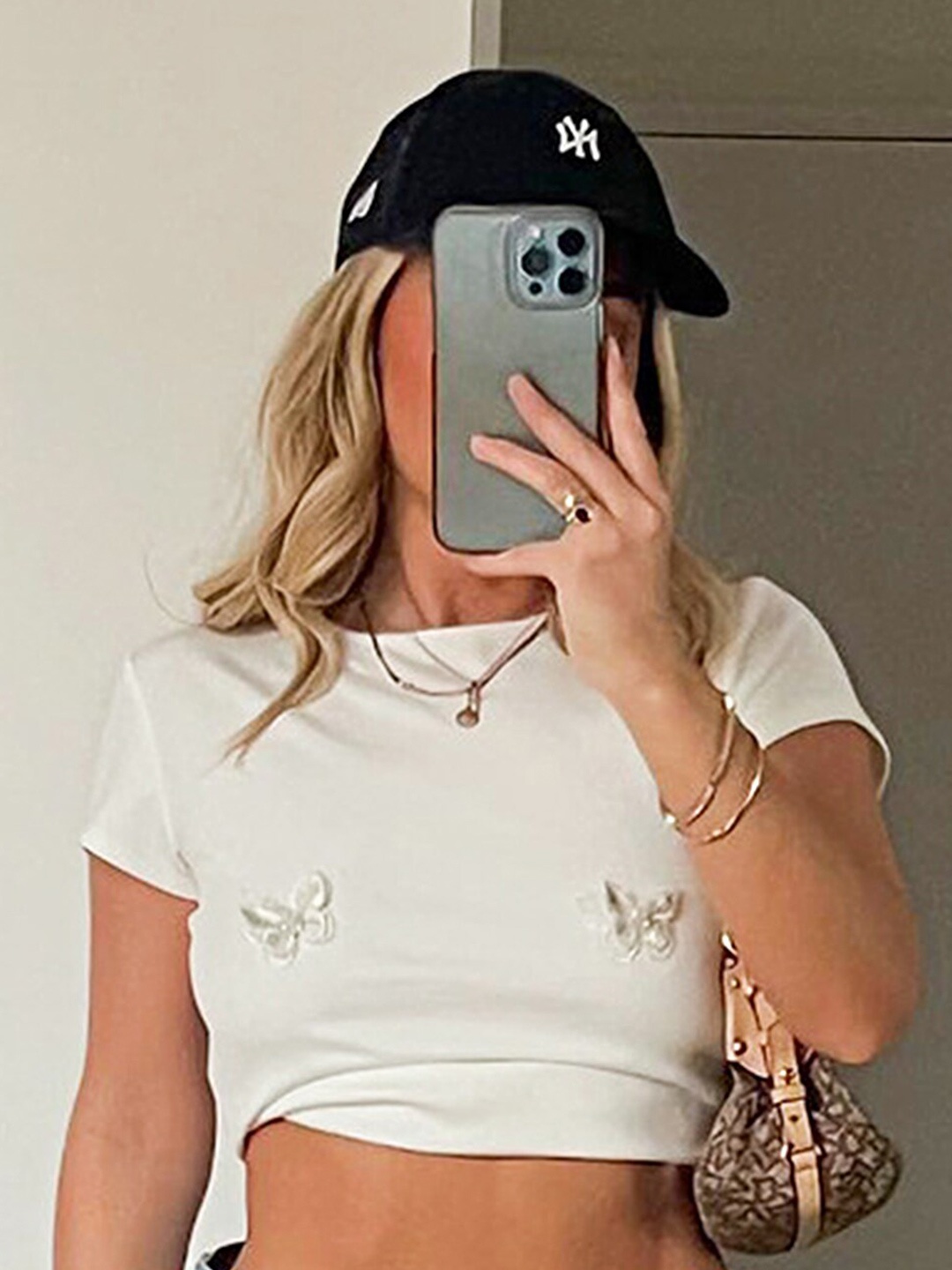 

LULU & SKY Round Neck Butterfly Crop Top, White